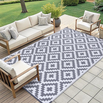 Smiry Outdoor Rug 9x12 ft Waterproof Reversible Boho Mat, White & Grey | Polypropylene Plastic Straw, Quick Drying, Lightweight Foldable, for Patio, Deck, RV Camping, Backyard and Indoor Outdoor Use
