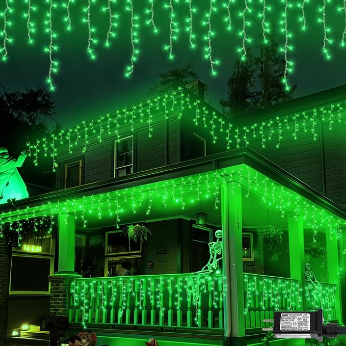 QITONG Green Halloween Lights, 33ft 400 LED Icicle Light for Outside with 8 Modes, Clear Wire Connectable Christmas String Lights Plug in Indoor