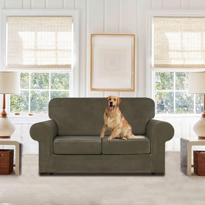 WEERRW Velvet Stretch 3 Pieces Couch Cover for Sofa Washable, Light Brown | Love Seat Couch Covers for 2 Cushion Couch Sofa Furniture Protector slipcoves with Elastic Bottom for Kids, Medium
