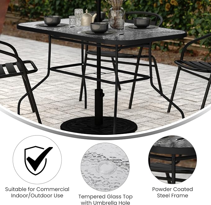 Flash Furniture Commercial 27.5x47.25 in Steel Patio Table, Black | Tempered Glass Top with Umbrella Hole