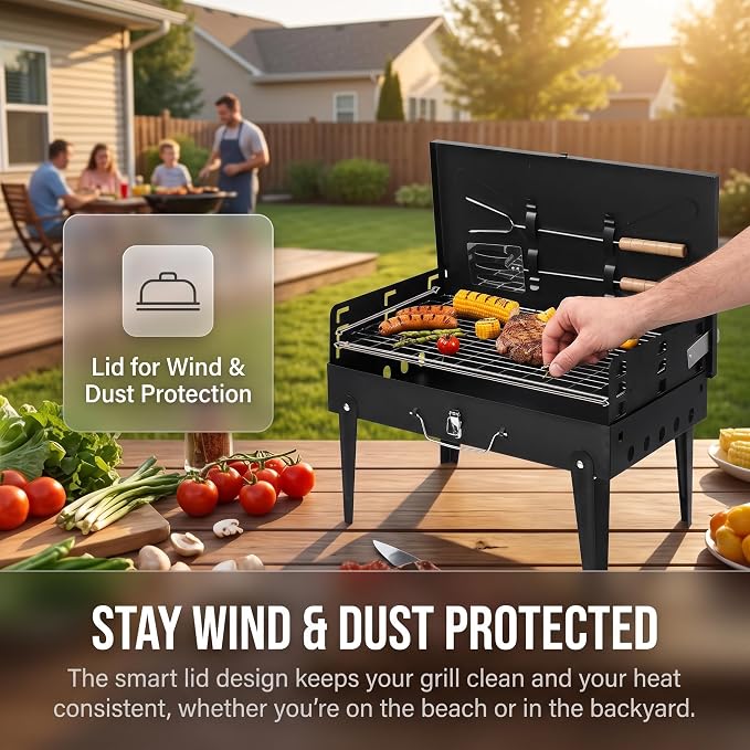 Charcoal Grills, Square Portable Charcoal Grills with Lid & 3 Adjustable heights, Barbecue Grill for Outdoor Backyard