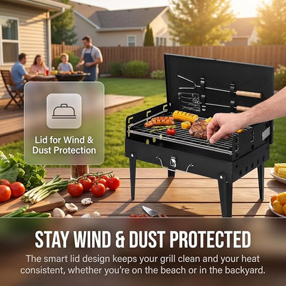 Charcoal Grills, Square Portable Charcoal Grills with Lid & 3 Adjustable heights, Barbecue Grill for Outdoor Backyard