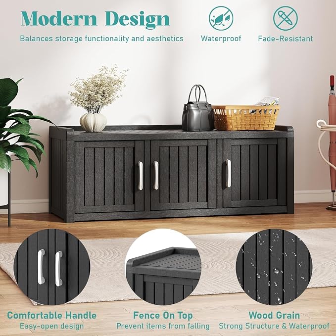 Outdoor Shoe Bench, Waterproof UV-Resistant Indoor Resin Shoe Cabinet, Entryway Shoe Storage with 3 Doors, Living Room, Bedroom, Black (3 Door)