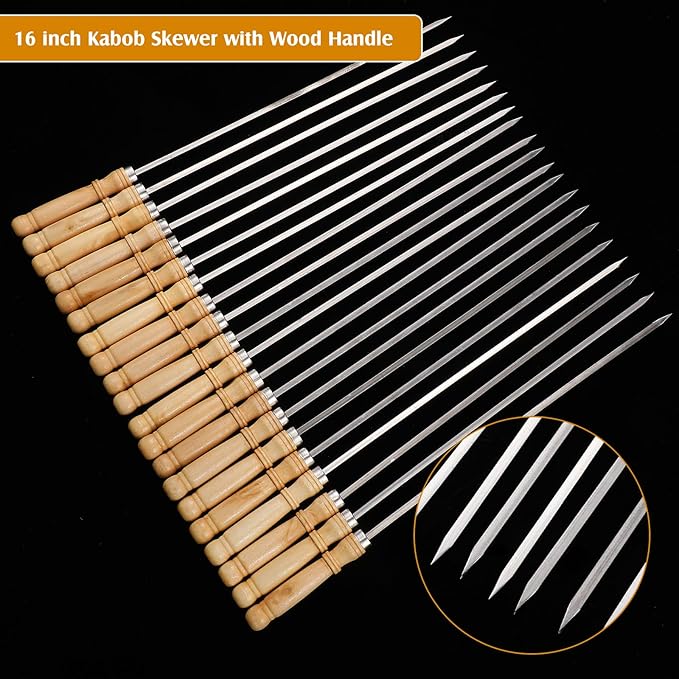 Minatee 16 Inch Kabob Skewer with Wood Handle for BBQ Camping Cookware Campfire Grill Cooking, Stainless Steel, Metal Skewers for Kabobs with Wood Handle (100 Pcs)