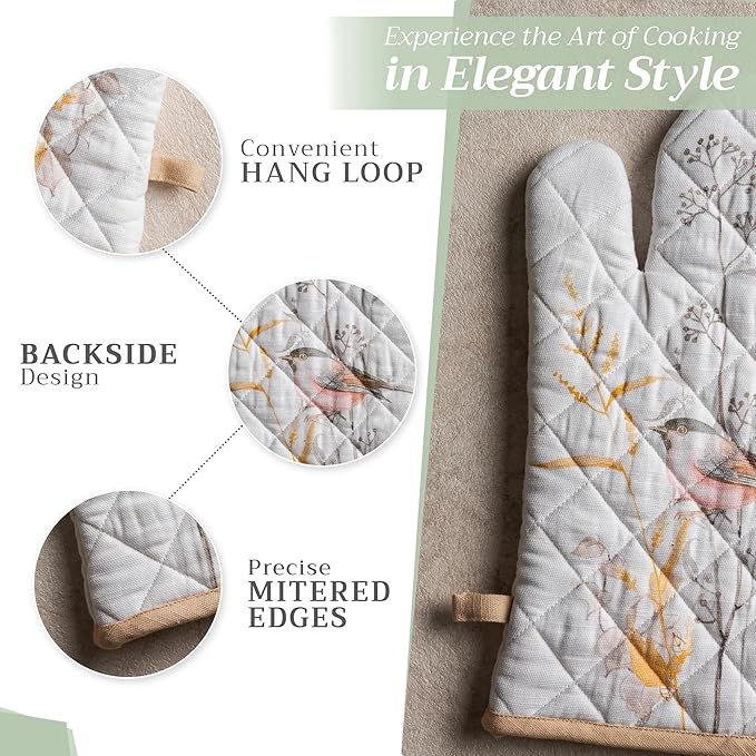Maison d' Hermine 100% Cotton Oven Mitt & Pot Holder Set (7.5"x13" & 8"x8") Heat Resistant BBQ Cooking Gloves with Loop Baking Kitchen Hotel Home Farmhouse Spring Summer (Meadow Florals - Beige)