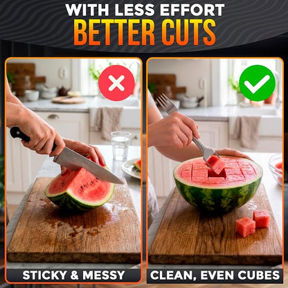 2Pcs Stainless Steel Watermelon Cutter Slicer Tool 2-in-1, Even Cuts | Watermelon Slicer Tool & Serving Fork in One; Slices Cubes Mess-Free; for Melon, Cantaloupe & Dragon Fruit; Summer Parties