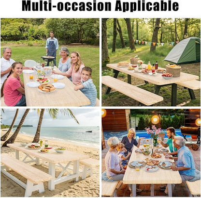 Smiry Picnic Table Cover with Bench Covers, Waterproof Elastic Fitted Tablecloth for 8 Foot Tables, Washable Polyester Tablecloths for Camping, Indoor & Outdoor (Ivory, 30x96 Inch 3-pc Set)