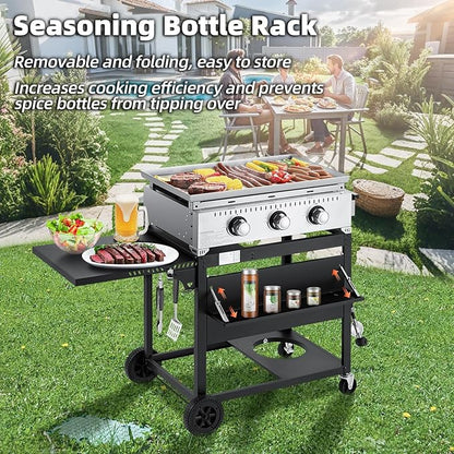 MELLCOM 3 Burner 30000 BTU Outdoor Gas Griddle with Lid (Side Shelf), Portable Flat Top Griddle 28 Inch Heavy- Duty Cast lron Grill, Bottle Rack & Grease Pan for Camping, Picnic, Patio
