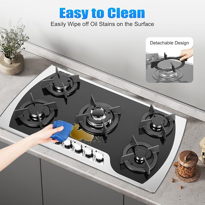 5 Burners Gas Stove, Al-alloy Built-In/Countertop Gas Cooktop with Electric Ignition and Tempered Glass Panel, 2000Pa LPG/NG Cooktop Stove for Kitchen Apartment