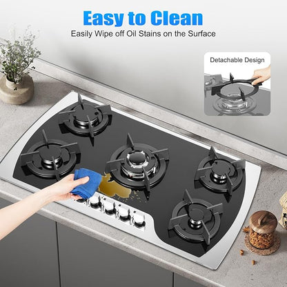 5 Burners Gas Stove, Al-alloy Built-In/Countertop Gas Cooktop with Electric Ignition and Tempered Glass Panel, 2000Pa LPG/NG Cooktop Stove for Kitchen Apartment