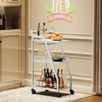 Bar Cart, 3-Tier Home Bar Serving Cart with Wheels, Drink Cart with Glass Holder, Beverage Cart, Rolling Kitchen Cart, for Home, Living Room, White and White BC03WW