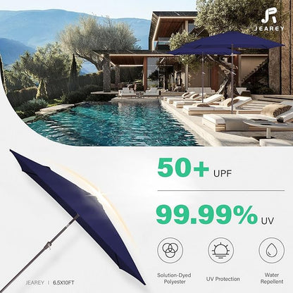 JEAREY 6.5x10 ft Rectangular Patio Umbrellas Outdoor Market Umbrella with Push Button Tilt and Crank, Rectangle Table Umbrellas 6 Sturdy Ribs UV Protection for Pool Garden Backyard Deck, Dark Blue