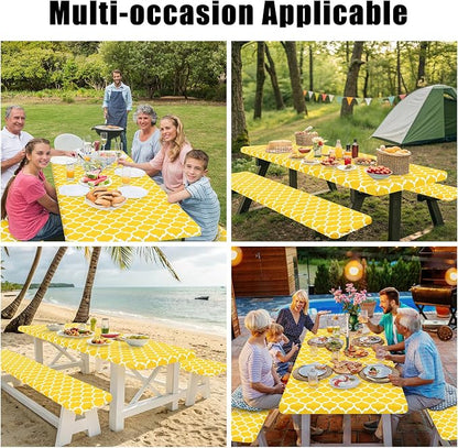 Smiry Picnic Table Cover with Bench Covers, Waterproof Elastic Fitted Tablecloth for 8 Foot Tables, Washable Polyester Tablecloths for Camping, Indoor & Outdoor (Yellow, 30x96 Inch 3-pc Set)