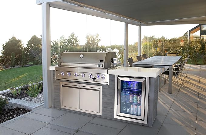 Mont Alpi Artwood Series - 78"W x 47"H x 27"D All Weather HDPE Outdoor Kitchen Island with Refrigerator & Double Access Doors + 44"W Stainless Steel 6-Burner Built-in BBQ Gas Grill with Rotisserie Kit