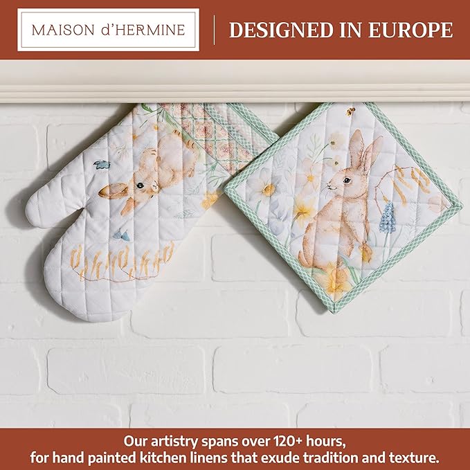 Maison d' Hermine 100% Cotton Oven Mitt & Pot Holder Set (7.5"x13" & 8"x8") Heat Resistant BBQ Cooking Gloves with Loop Baking Grilling Kitchen Hotel Home Farmhouse Spring Summer (Easter Dew)