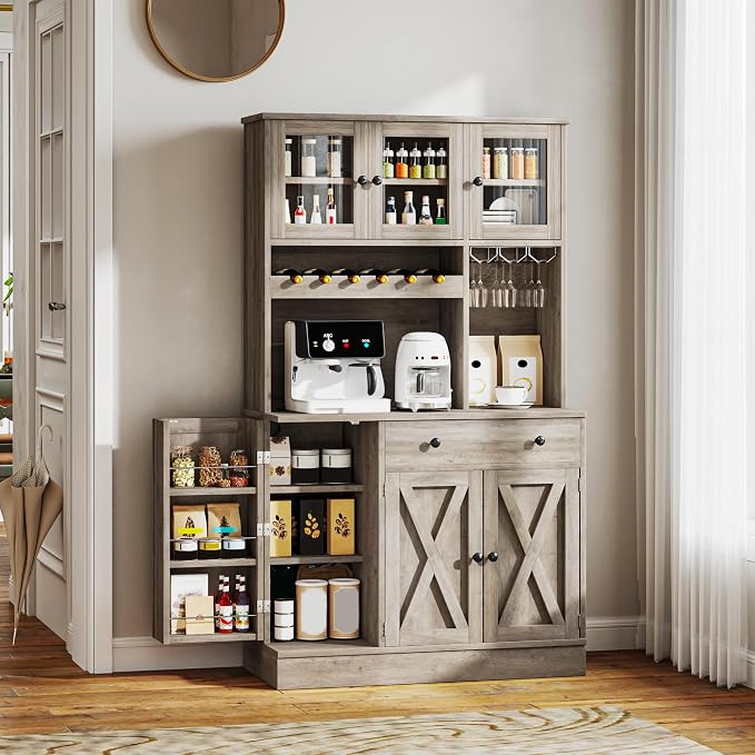 YITAHOME 71''H Kitchen Pantry Cabinet, Grey | Tall Cabinet with Drawer, Doors & Goblet Holder, Wine Rack, Power Outlet, For Kitchen & Living Room