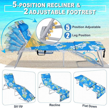 Luxfero 3-in-1 Beach Lounge Chair with Umbrella, Sun Tanning Chair with Face Hole&5-Position Recliner, Folding Lounge Chair Outdoor Lay Flat, Max 350lbs,Portable Tanning Chair with Pillow&Pocket-Blue