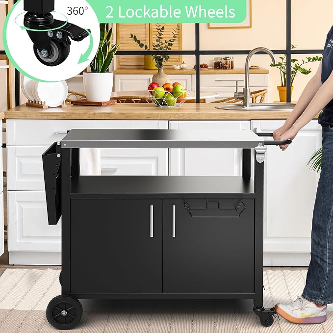 Shintenchi Outdoor Grill Cart Table with Stainless Steel Top for Kitchen Prep & BBQ, Outdoor Kitchen Island Table with Side Handle, Multifunctional Outdoor Grill Table, Black