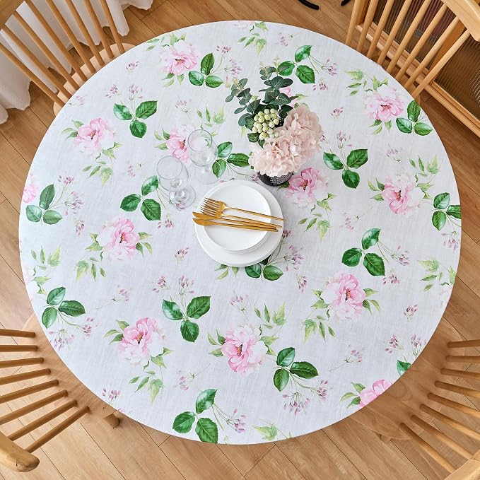 LIBERECOO Round Fitted Tablecloth with Elastic, Flannel Backed Vinyl Tablecloths for 45" - 56" Tables, Waterproof Wipeable Reusable Plastic Table Cloth for Indoor & Outdoor, Enchanted Rose Garden
