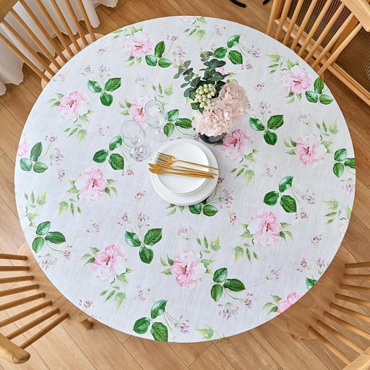 LIBERECOO Round Fitted Tablecloth with Elastic, Flannel Backed Vinyl Tablecloths for 45" - 56" Tables, Waterproof Wipeable Reusable Plastic Table Cloth for Indoor & Outdoor, Enchanted Rose Garden