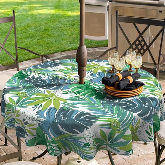 Outdoor/Indoor Round Tablecloth with Umbrella Hole Zipper, Decorative Circular Table Cover for Home Garden, 60 Inch, Islamorada Blue Green