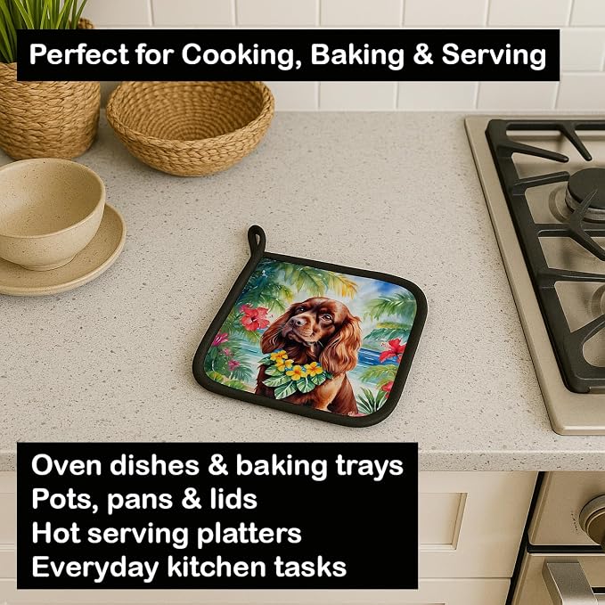 Caroline's Treasures Sussex Spaniel Luau Pair of Pot Holders Kitchen Heat Resistant Pot Holders Sets Oven Hot Pads for Cooking Baking BBQ, 7 1/2 x 7 1/2