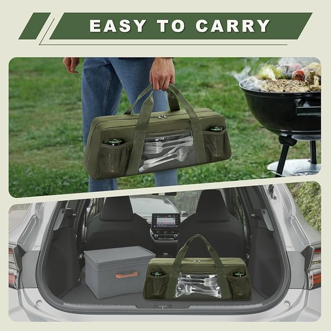 HODRANT Grill Tool Storage Bag with Pockets for Barbecue Tool up to 22" | Outdoor BBQ Utensil Holder, Large Grill Utensil Storage Caddy, BBQ Accessories Case Container for Camping, Bag Only, Green