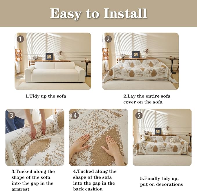 MYSKY HOME Sectional Couch Cover Khaki Geometric Rhombic Sofa Covers for Sectional Sofa L Shape Chenille Couch Protector for Dogs Pets Couch Throw Cover Washable Durable for Home Decor, 71" X118"