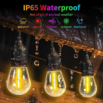 50FT Outdoor String Lights, Outdoor Lights for Patio,with 24+2 LED RGBW Color Change,3000K Bright White Waterproof Bulbs, Dimmer & Remote, Customized 12 Colors & 4 Modes, for Backyard Decor