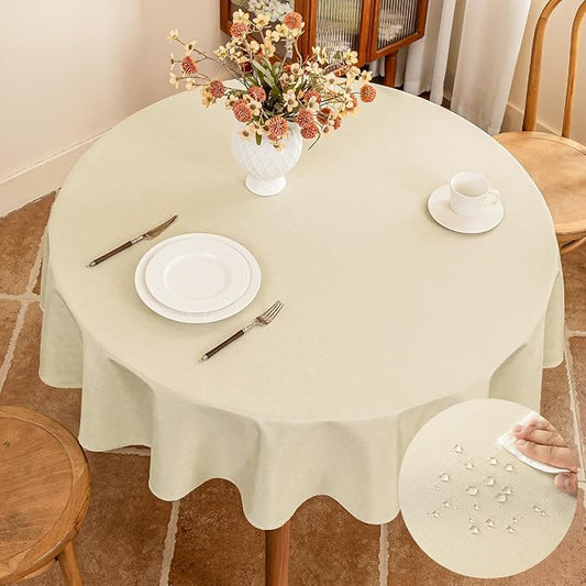 Seenus Textured 60 Inch Beige Round Tablecloth fits 30'' to 48'' Table, Water Resistant and Wipeable Circular Tablecloth, Anti-Scratch Faux Linen Fabric for 2-4 Seats Dining Table Kitchen Patio