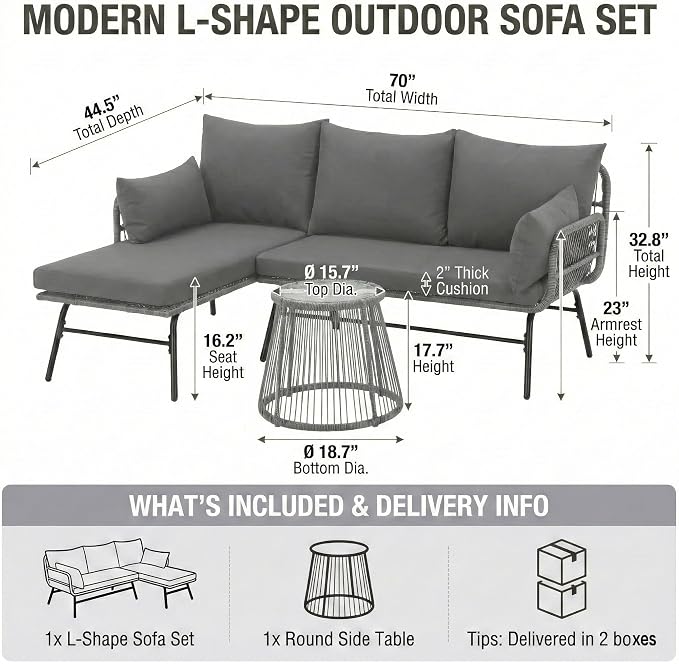 Bezseller 3-Piece Outdoor Patio Furniture Set, L-Shaped Rattan Sectional Sofa with Thick Cushions, Glass Coffee Table – All-Weather Conversation Set for Backyard, Porch, Poolside
