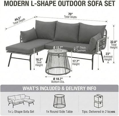 Bezseller 3-Piece Outdoor Patio Furniture Set, L-Shaped Rattan Sectional Sofa with Thick Cushions, Glass Coffee Table – All-Weather Conversation Set for Backyard, Porch, Poolside