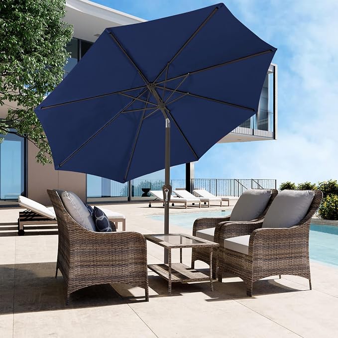 JEAREY 9FT Outdoor Patio Umbrella, Market Umbrella, Deep Blue | Outdoor Table Umbrellas with 8 Sturdy， Tilt & Crank UV Protection Waterproof for Garden, Deck, Backyard, Pool