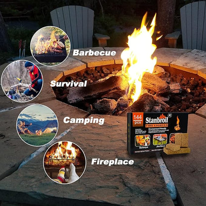Stanbroil 144 pcs Fire Starters, Natural Charcoal Squares Fire Starters Super Fast Lighting Perfect for Barbecue Grills, Smokers, Wood Stove, Campfires and Outdoor Fireplaces