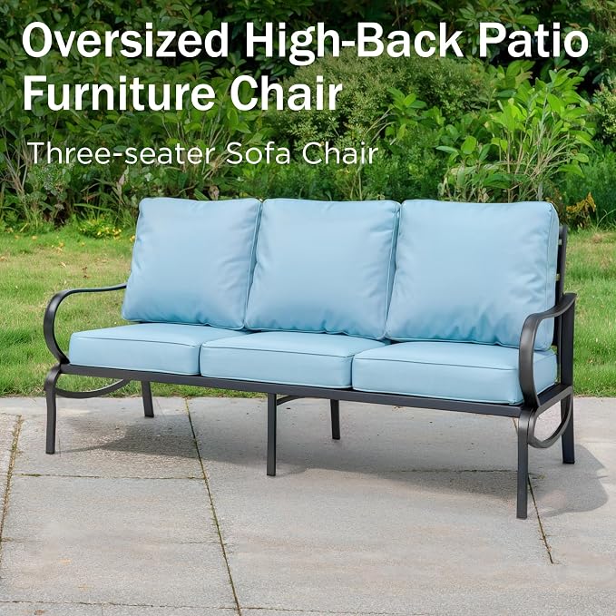 PHI VILLA Metal Patio Sofa with 5.75" Extra-Thick Waterproof Cushion, 3 Seater Deep Seat & High Back Outdoor Couch, All Weather Porch Furniture for Deck Backyard Front Porch Apartment,Blue