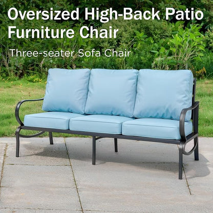 PHI VILLA Metal Patio Sofa with 5.75" Extra-Thick Waterproof Cushion, 3 Seater Deep Seat & High Back Outdoor Couch, All Weather Porch Furniture for Deck Backyard Front Porch Apartment,Blue