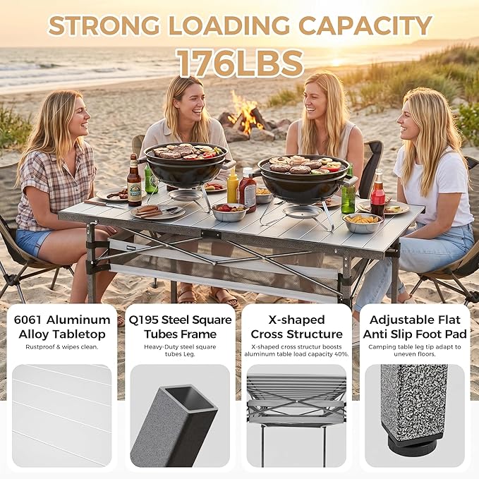 KingCamp Folding Camping Table, Aluminum Roll-Up Camp Table, Large Foldable Table for 6-8 Person, Outdoor Portable Tables with Carry Bag, 180 LBS Heavy Duty Load (Silver+Mesh：53.5" × 27.5")