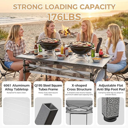 KingCamp Folding Camping Table, Aluminum Roll-Up Camp Table, Large Foldable Table for 6-8 Person, Outdoor Portable Tables with Carry Bag, 180 LBS Heavy Duty Load (Silver+Mesh：53.5" × 27.5")