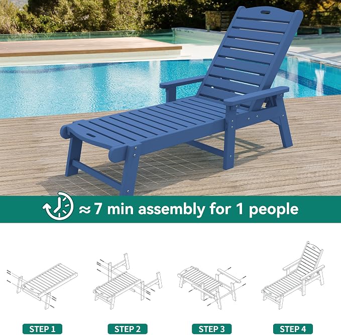 YITAHOME Outdoor Chaise Lounge Chair Set of 2 with Adjustable Backrest, Heavy Duty Resin Patio Lounger with Retractable Tray, 350lbs Capacity Waterproof for Outside Poolside Beach Backyard, Dark Blue