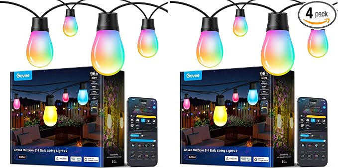 Govee S14 Bulb Outdoor String Lights 2, 96ft RGBICWW, 30 LED Bulbs, IP66 (Pack of 2)