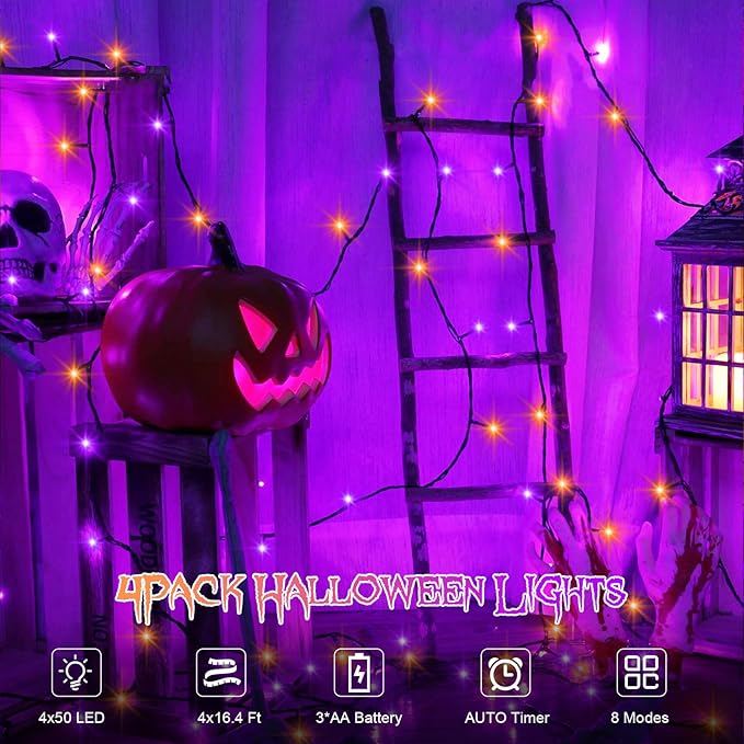 4 Pack Orange Purple Halloween String Lights Battery Operated, Each 16.4Ft 50 LED Indoor Halloween Lights with Timer 8 Modes for Party Yard Patio Decoration