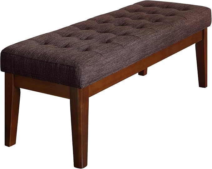 Elle Decor Claire Button Tufted Upholstered Bedroom Bench, Modern Fabric Padded Ottoman with Wooden Legs, Dark Brown