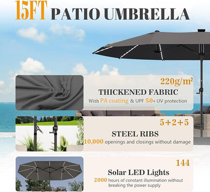 GDPFN 15ft Rectangular Patio Umbrella with Solar LED Lights, Double-Sided Outdoor Market Umbrella with Base Included, Extra Large Shade for Pool, Deck, Backyard, Garden, Dark Gray