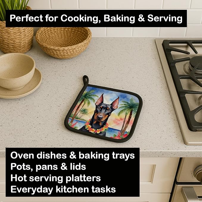 Caroline's Treasures Doberman Pinscher Luau Pair of Pot Holders Kitchen Heat Resistant Pot Holders Sets Oven Hot Pads for Cooking Baking BBQ, 7 1/2 x 7 1/2