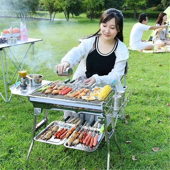Grill for Outdoor Outdoor Stainless Steel Portable Travel Folding Barbecue BBQ Charcoal Grill with Legs for Camping, Picnic, Outdoor，Silver Chrome Barbecue Grill