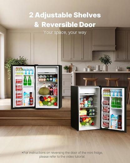 Upstreman 3.2 Cu.Ft Mini Fridge with Freezer, Black-BR321 | Adjustable Thermostat, Energy Saving, Low Noise, Reversible Door, Small Refrigerator for Dorm, Bedroom, Office