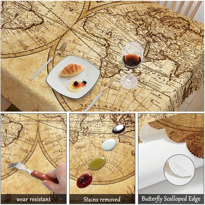 Swono Rectangle Tablecloth World Map Table Cover 52x70 Inch Vintage World Map Earth Global Geography Table Cloth for Rectangle Tables Decorative Tablecloth for Dining Party Camping BBQ