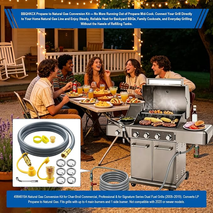 4984619A Natural Gas Conversion Kit Compatible with Char-Broil Commercial & Signature Series Dual Fuel Grill(2008 to 2019), Propane to Natural Gas Conversion Kit w/ CSA Gas Hose & 3/8" Quick Connect.
