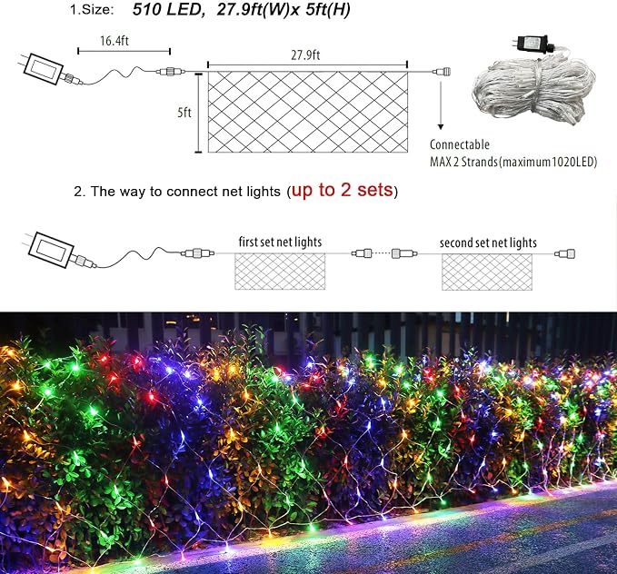 510 LED Christmas Net Lights, 28ft x 5ft Mesh Lights Outdoor Clear Wire 8 modes, Waterproof Connectable String Lights Plug in for Xmas Tree Bushes Garden Holiday Party Decorations - Multicolor
