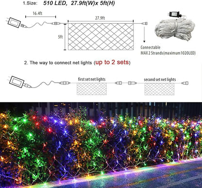 510 LED Christmas Net Lights, 28ft x 5ft Mesh Lights Outdoor Clear Wire 8 modes, Waterproof Connectable String Lights Plug in for Xmas Tree Bushes Garden Holiday Party Decorations - Multicolor